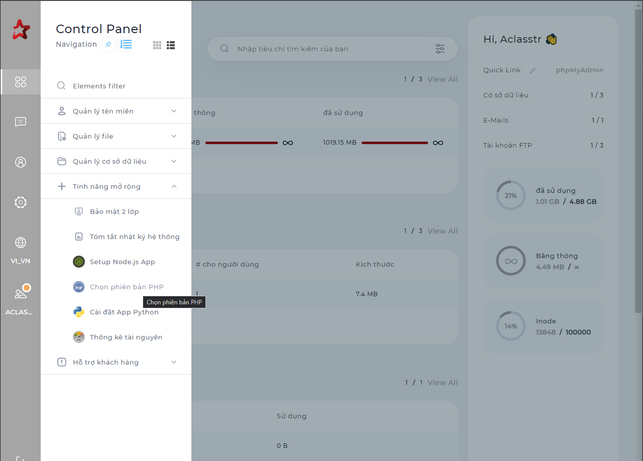 Hình 1: Truy cập vào khu vực quản lý phiên bản PHP
